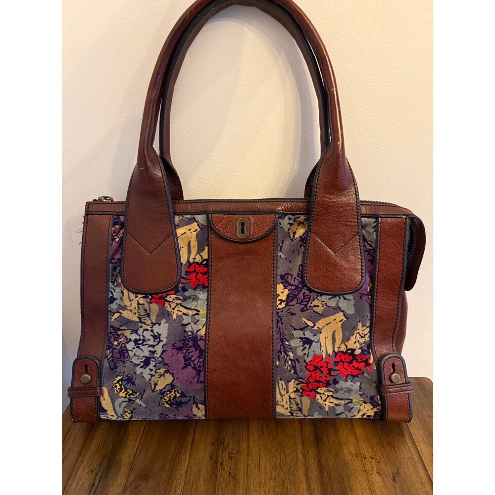 FOSSIL Vintage Reissue Leather Tapestry Velvet Floral Tote Purse - Picture 3 of 13